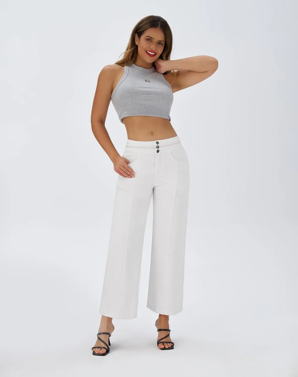 roswear Women's Wide Leg Petite Jeans High Waisted Stretchy Cropped Denim Pants