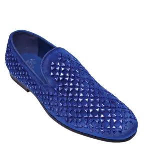 Royal Blue Velvet Studded Prom Loafers | Men's Spike Detail Slip-On Shoes