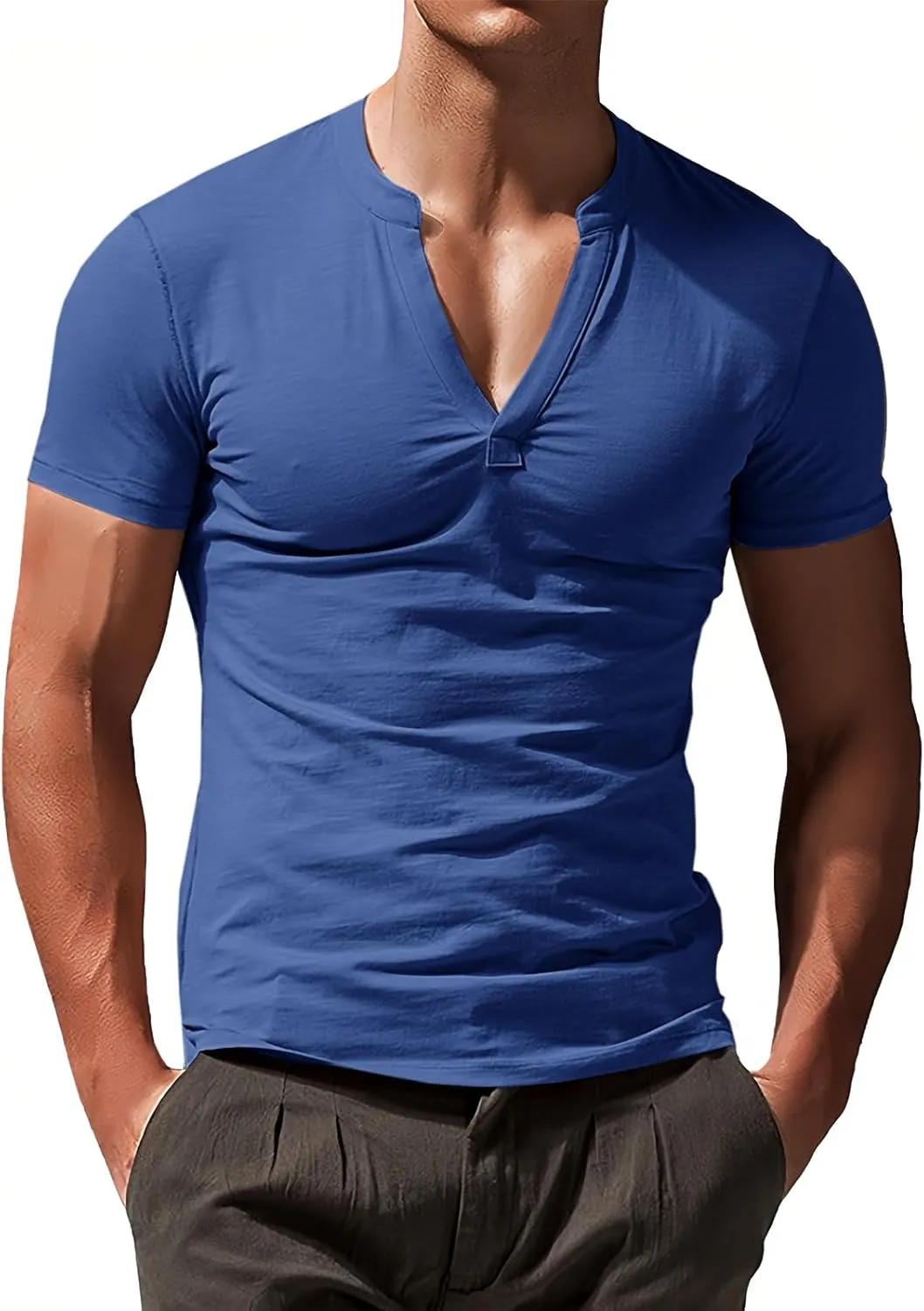 Runcati Mens Slim Fit T Shirt V-Neck Short Sleeve Casual Henley Shirt Muscle Workout Gym Athletic Tee Shirts