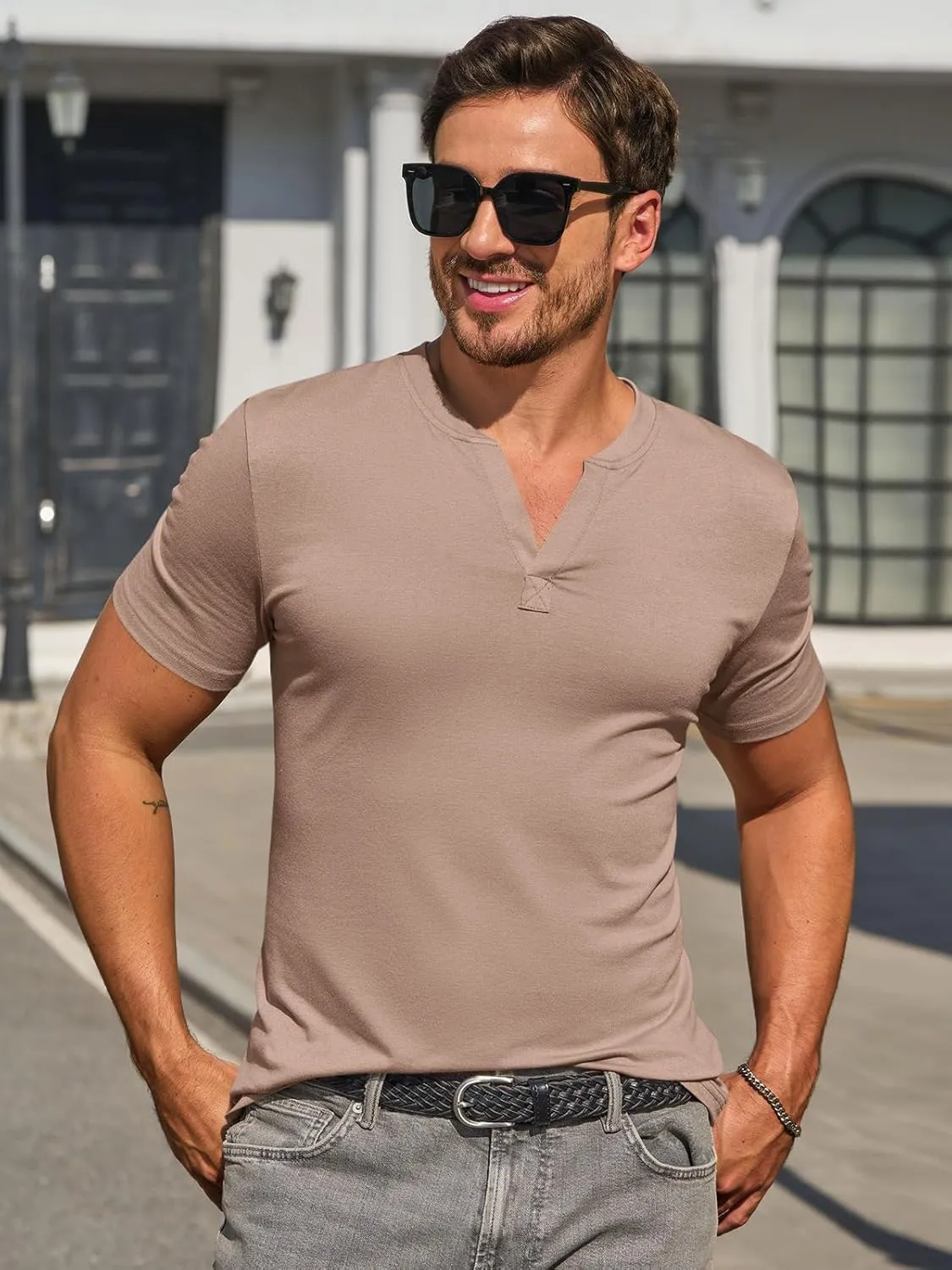 Runcati Mens Slim Fit T Shirt V-Neck Short Sleeve Casual Henley Shirt Muscle Workout Gym Athletic Tee Shirts