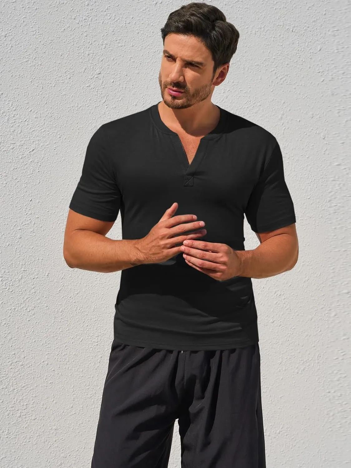 Runcati Mens Slim Fit T Shirt V-Neck Short Sleeve Casual Henley Shirt Muscle Workout Gym Athletic Tee Shirts