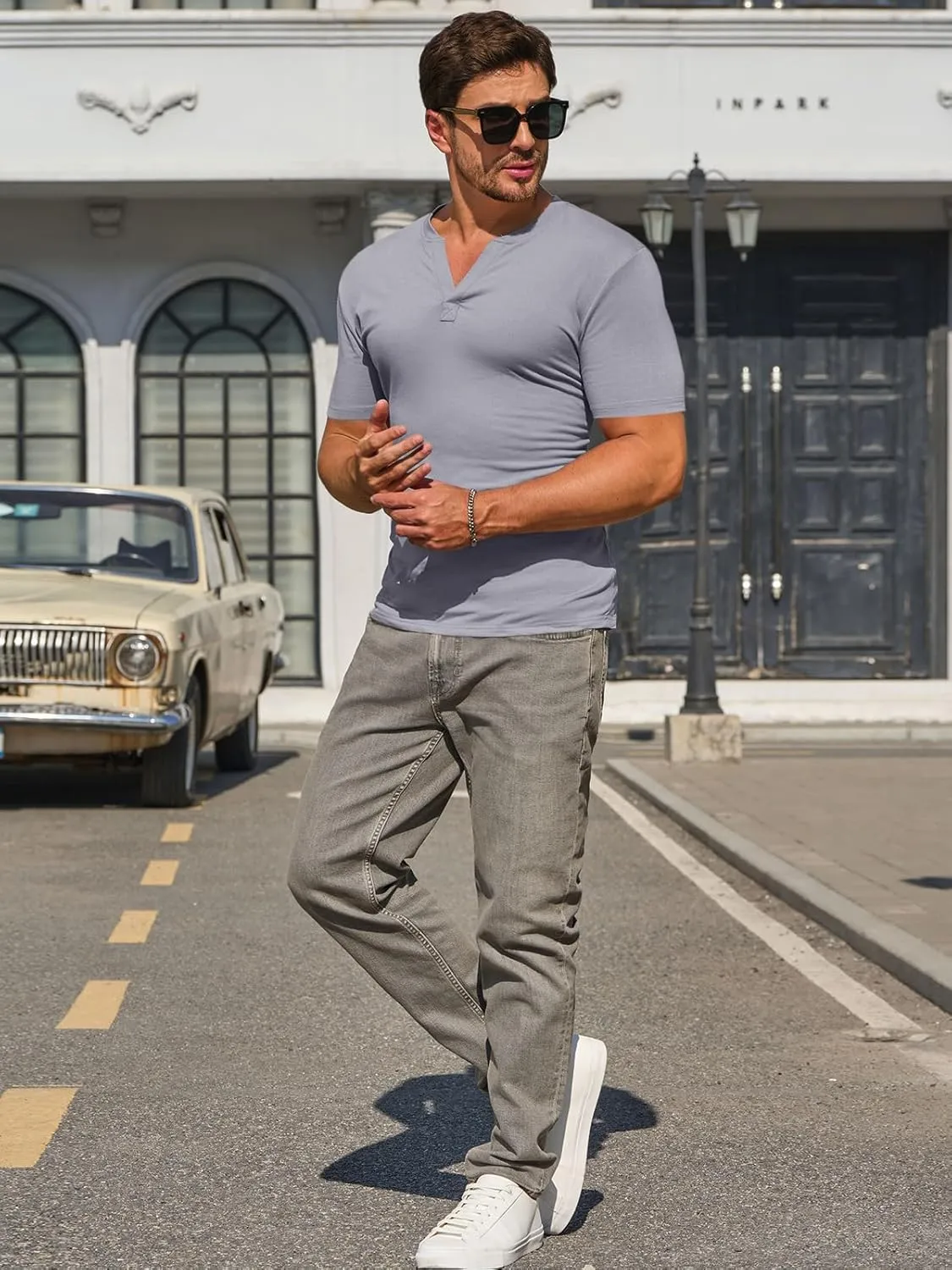 Runcati Mens Slim Fit T Shirt V-Neck Short Sleeve Casual Henley Shirt Muscle Workout Gym Athletic Tee Shirts