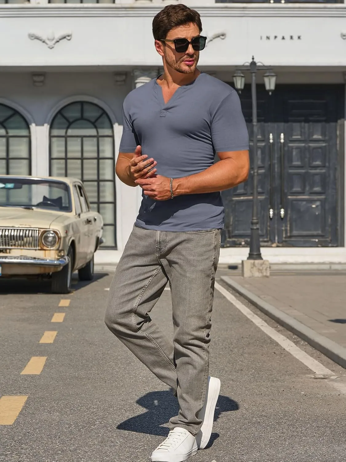Runcati Mens Slim Fit T Shirt V-Neck Short Sleeve Casual Henley Shirt Muscle Workout Gym Athletic Tee Shirts