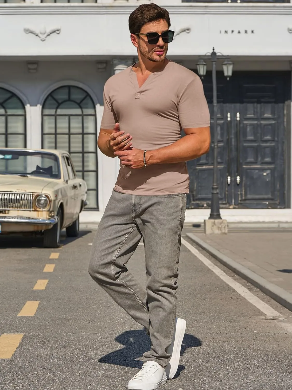 Runcati Mens Slim Fit T Shirt V-Neck Short Sleeve Casual Henley Shirt Muscle Workout Gym Athletic Tee Shirts