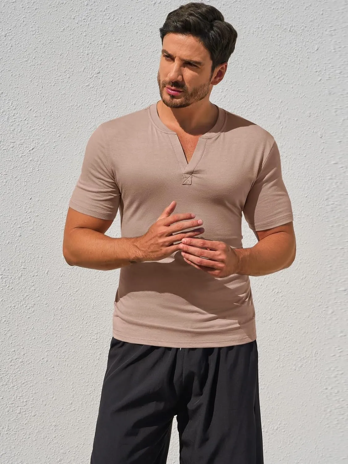 Runcati Mens Slim Fit T Shirt V-Neck Short Sleeve Casual Henley Shirt Muscle Workout Gym Athletic Tee Shirts
