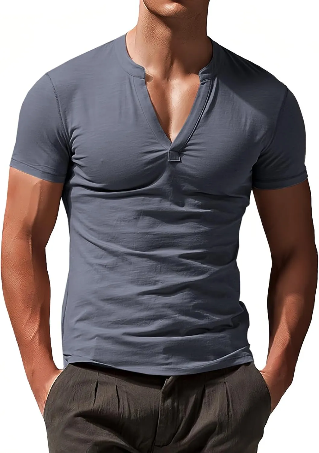 Runcati Mens Slim Fit T Shirt V-Neck Short Sleeve Casual Henley Shirt Muscle Workout Gym Athletic Tee Shirts