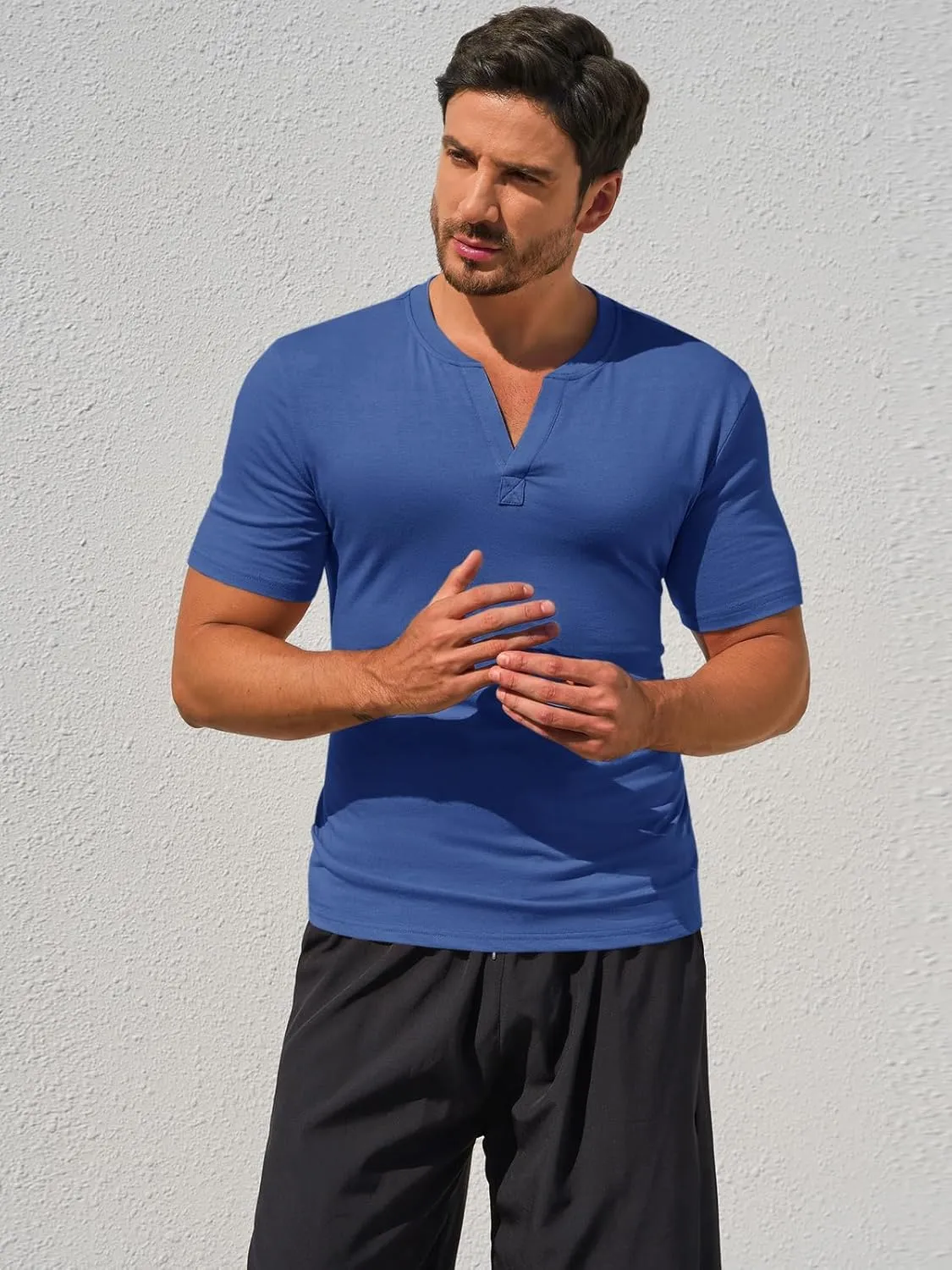 Runcati Mens Slim Fit T Shirt V-Neck Short Sleeve Casual Henley Shirt Muscle Workout Gym Athletic Tee Shirts