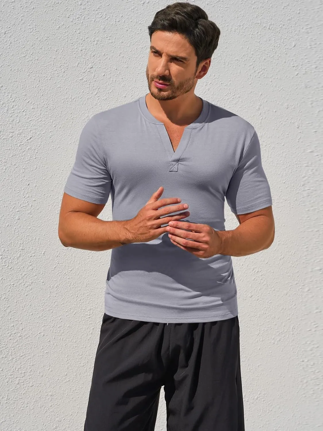 Runcati Mens Slim Fit T Shirt V-Neck Short Sleeve Casual Henley Shirt Muscle Workout Gym Athletic Tee Shirts