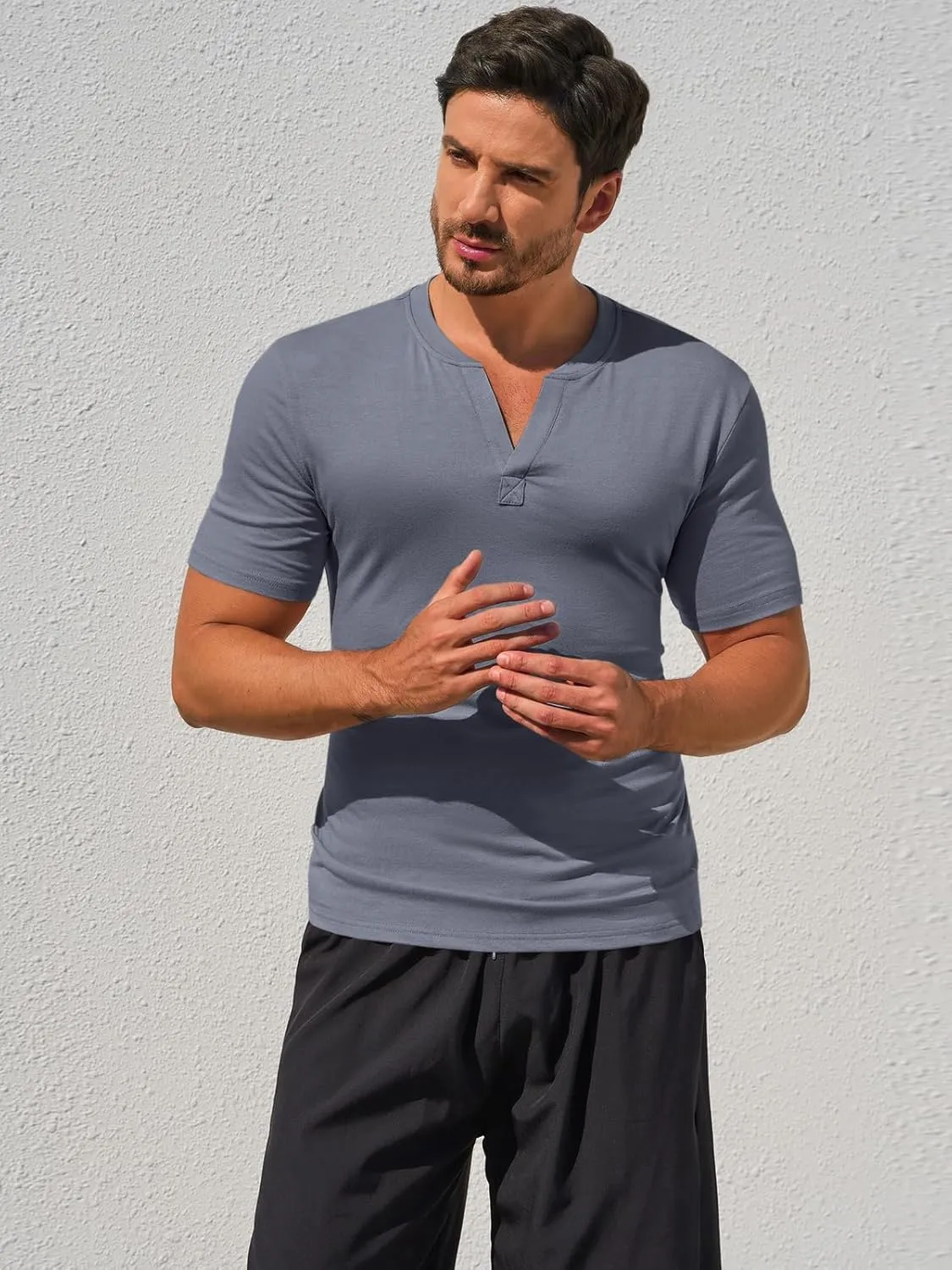 Runcati Mens Slim Fit T Shirt V-Neck Short Sleeve Casual Henley Shirt Muscle Workout Gym Athletic Tee Shirts