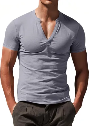 Runcati Mens Slim Fit T Shirt V-Neck Short Sleeve Casual Henley Shirt Muscle Workout Gym Athletic Tee Shirts