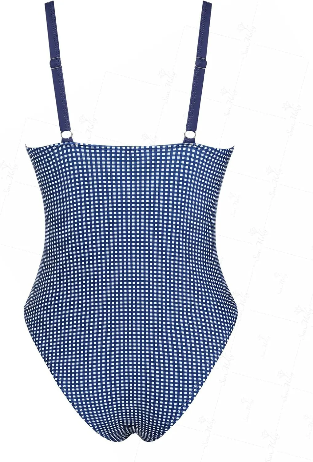seamoly Blue Gingham Tie Around Criss Cross Backless Plunging Neck One-Piece Swimsuit