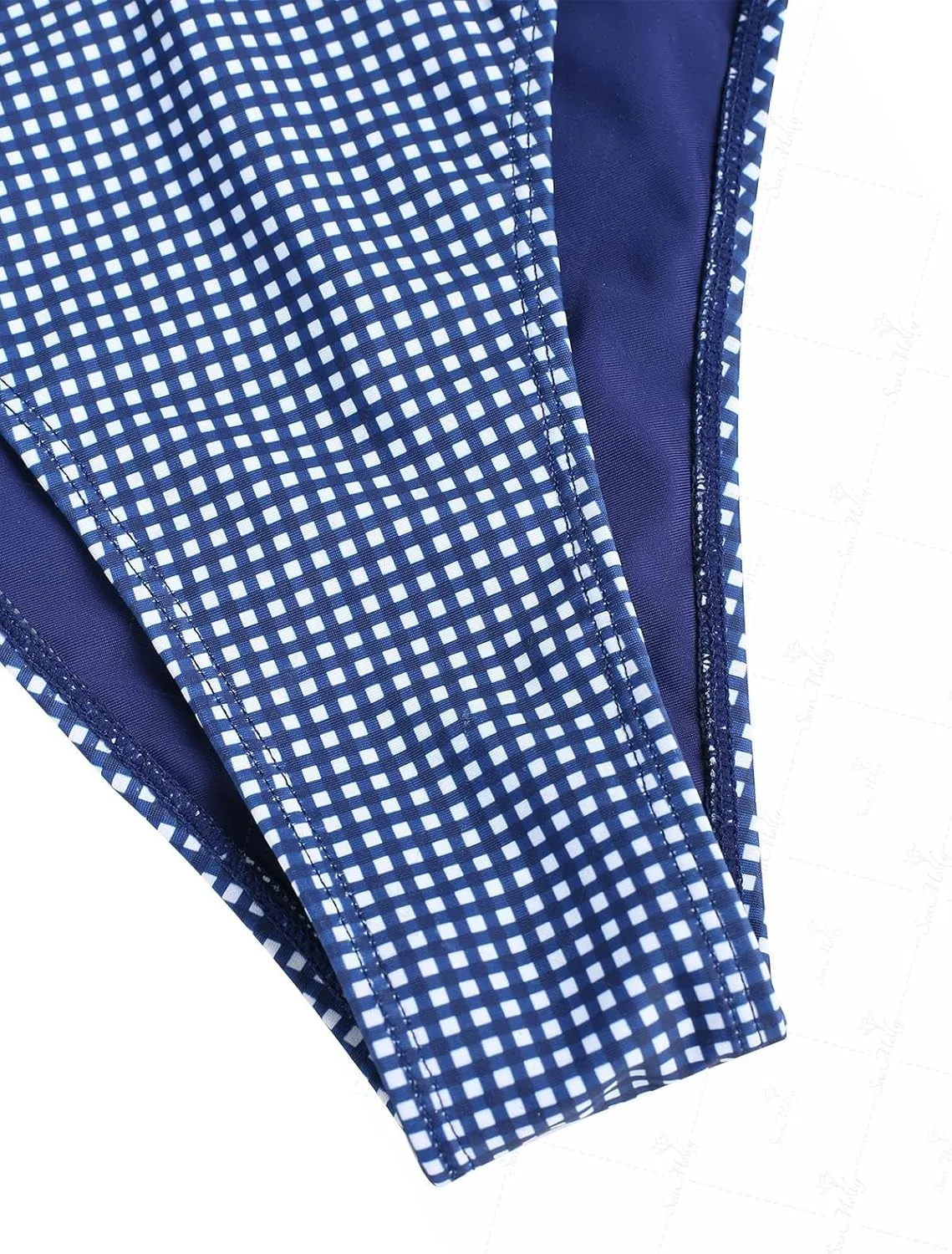 seamoly Blue Gingham Tie Around Criss Cross Backless Plunging Neck One-Piece Swimsuit