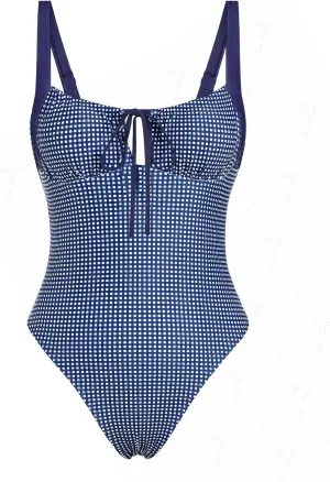 seamoly Blue Gingham Tie Around Criss Cross Backless Plunging Neck One-Piece Swimsuit