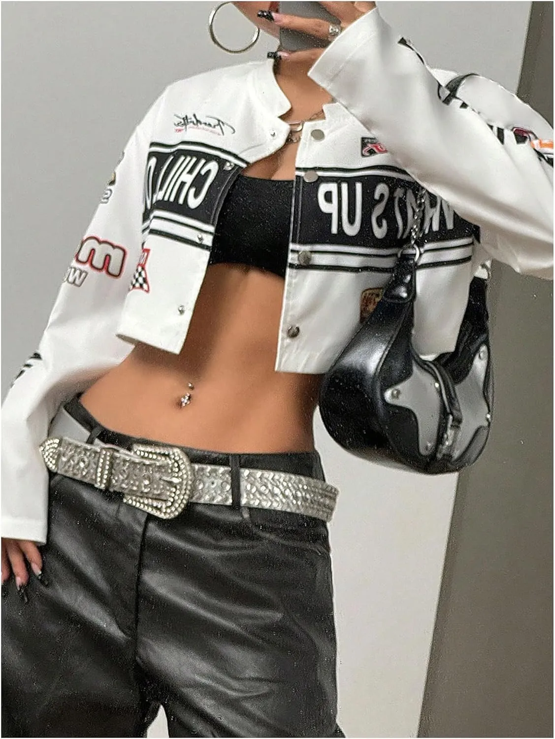 SHENHE Women's Racer Biker Jacket Lightweight Button Down Cropped Moto Varsity Jacket