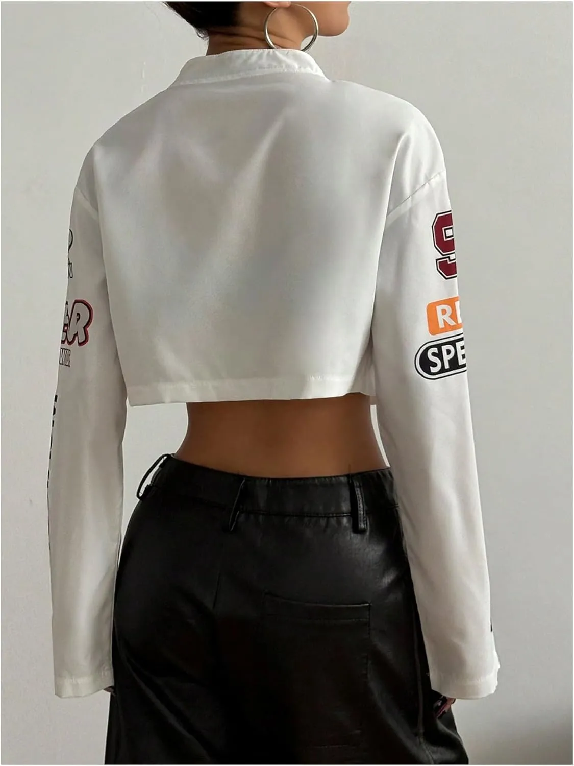SHENHE Women's Racer Biker Jacket Lightweight Button Down Cropped Moto Varsity Jacket