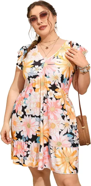 ShopWonder Womens Plus Size Casual V Neck Dress Loose Swing Ruffle Summer Boho Midi Dress with Pockets