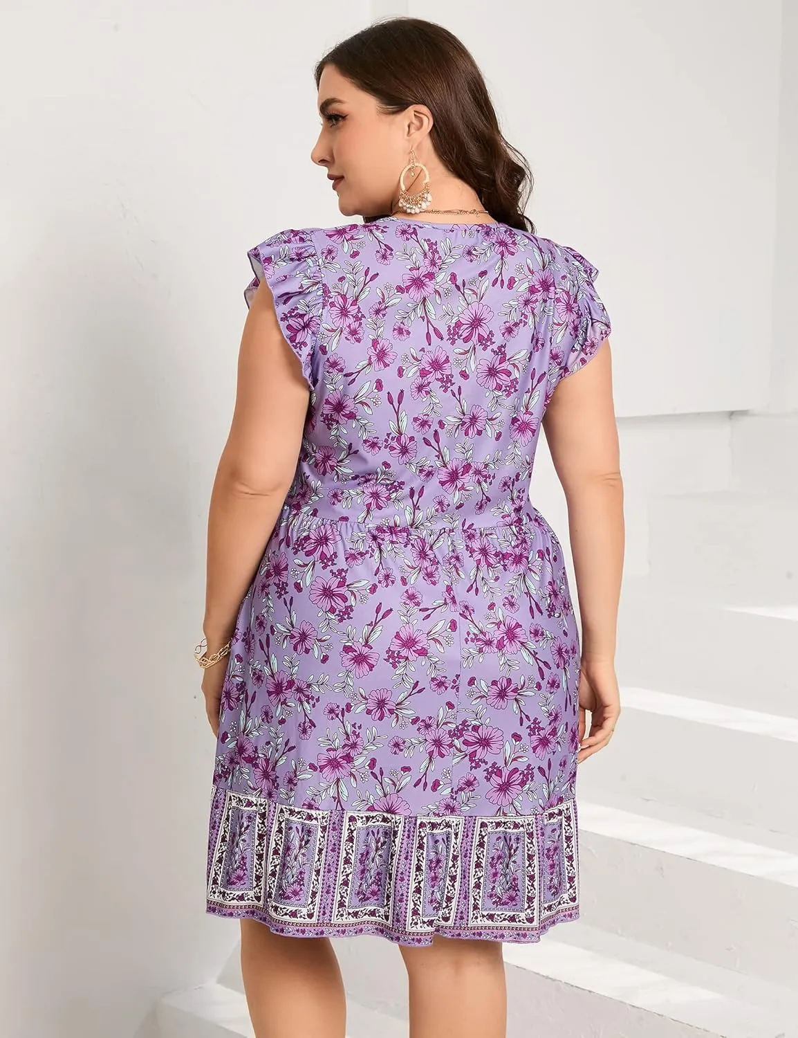 ShopWonder Womens Plus Size Casual V Neck Dress Loose Swing Ruffle Summer Boho Midi Dress with Pockets
