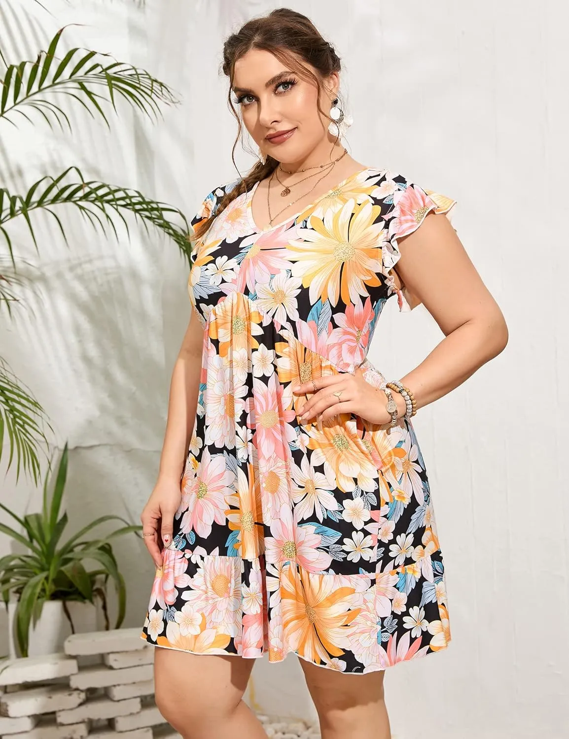 ShopWonder Womens Plus Size Casual V Neck Dress Loose Swing Ruffle Summer Boho Midi Dress with Pockets