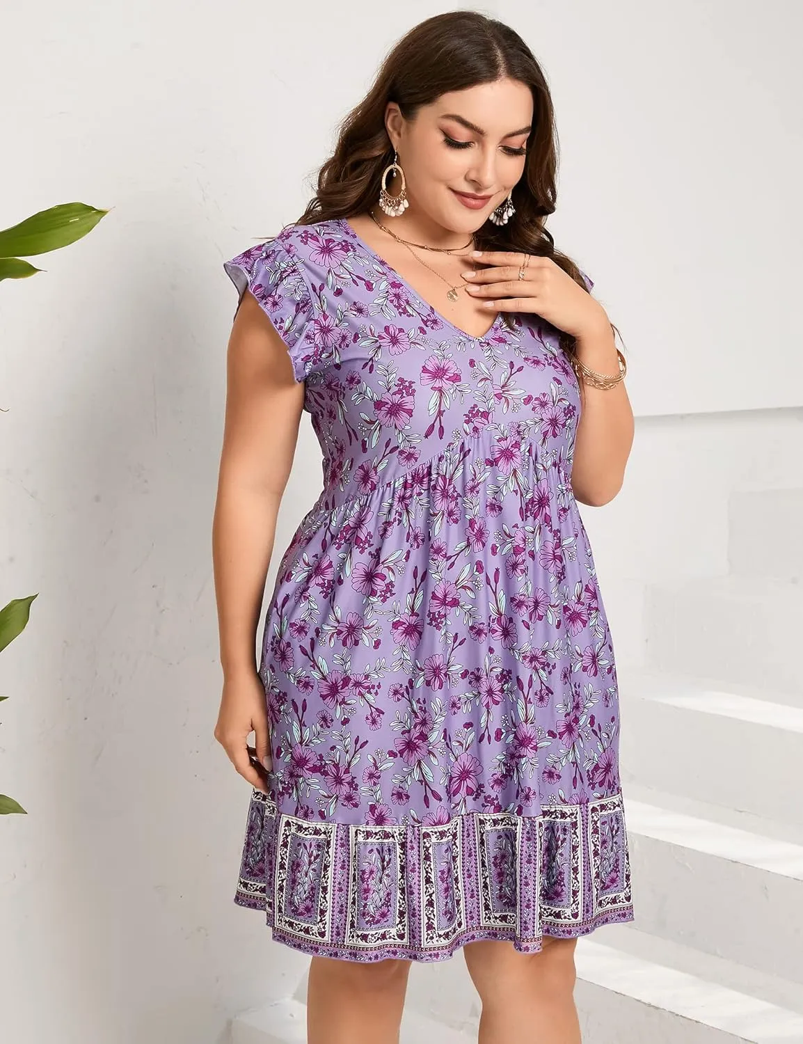 ShopWonder Womens Plus Size Casual V Neck Dress Loose Swing Ruffle Summer Boho Midi Dress with Pockets
