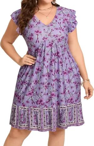 ShopWonder Womens Plus Size Casual V Neck Dress Loose Swing Ruffle Summer Boho Midi Dress with Pockets