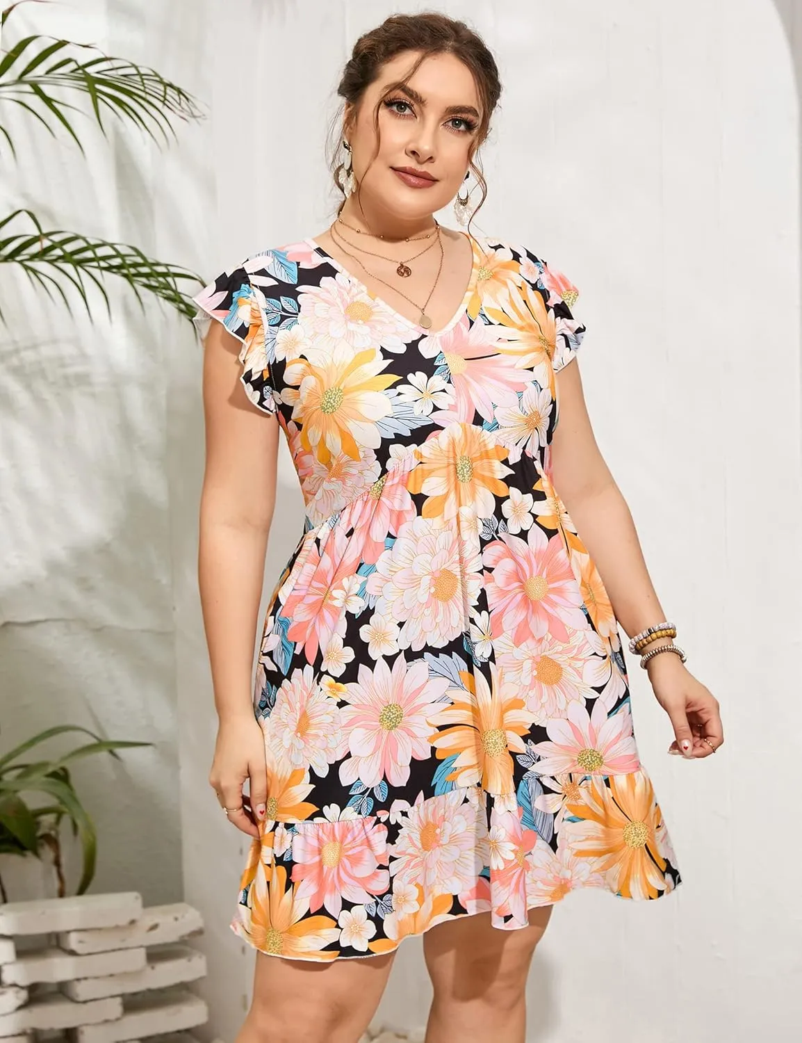 ShopWonder Womens Plus Size Casual V Neck Dress Loose Swing Ruffle Summer Boho Midi Dress with Pockets