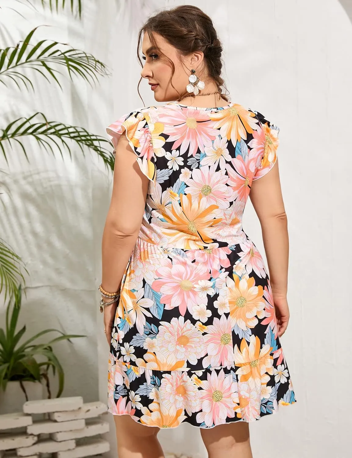 ShopWonder Womens Plus Size Casual V Neck Dress Loose Swing Ruffle Summer Boho Midi Dress with Pockets