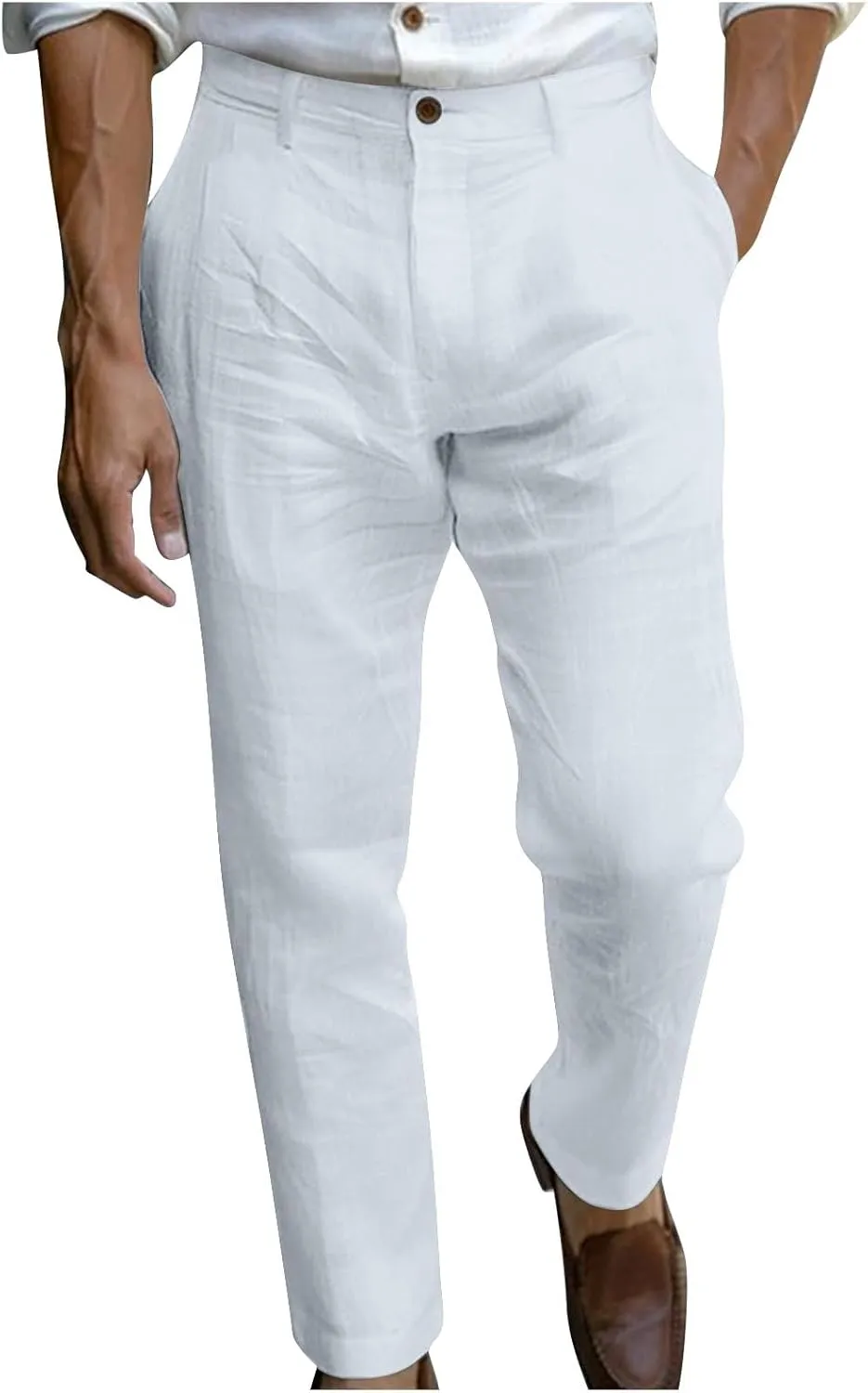 Sinzelimin Men's Linen Suit Pants Fashion Solid Color Button Zipper Closure Dressy Casual Wide Leg Sweatpant Work Trousers