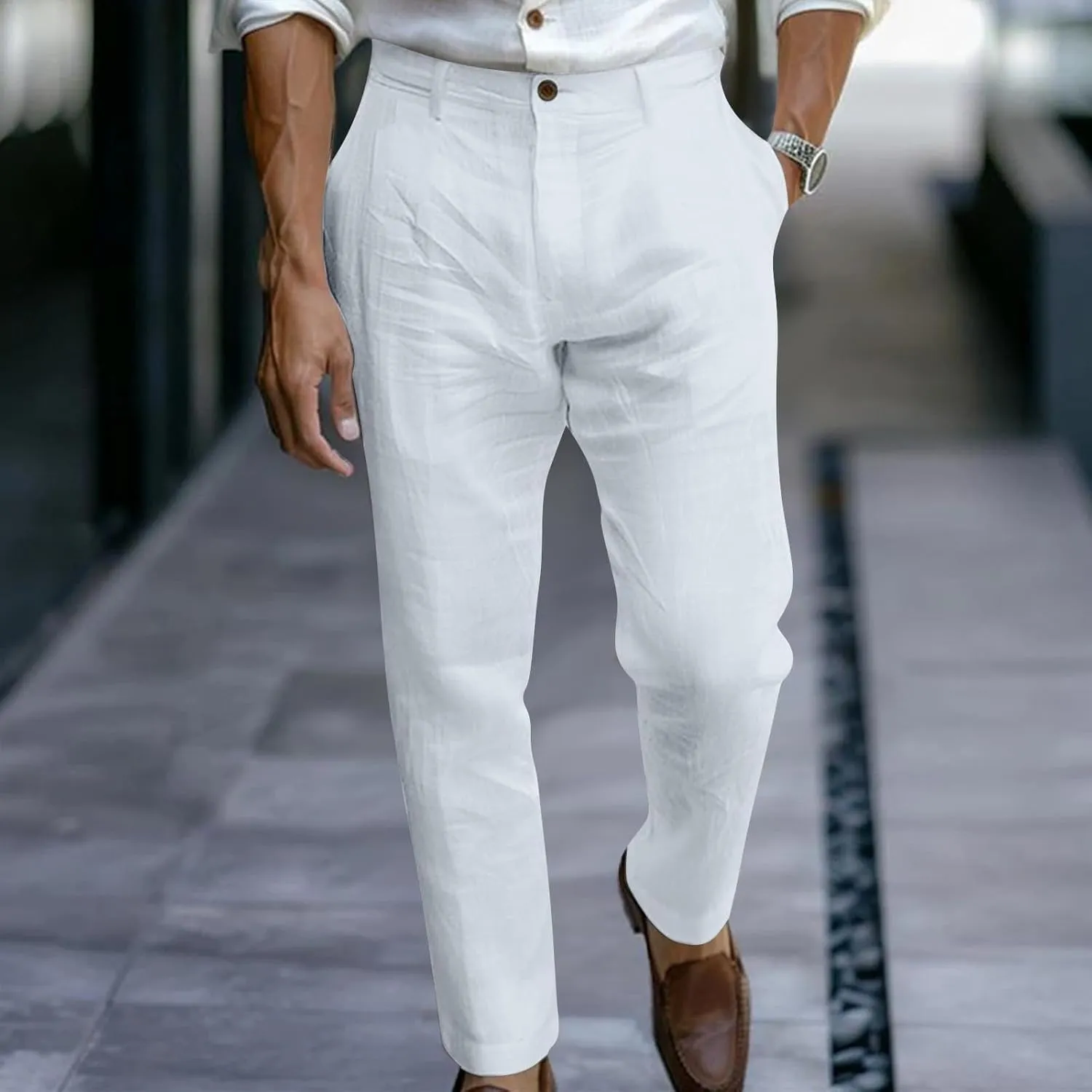 Sinzelimin Men's Linen Suit Pants Fashion Solid Color Button Zipper Closure Dressy Casual Wide Leg Sweatpant Work Trousers