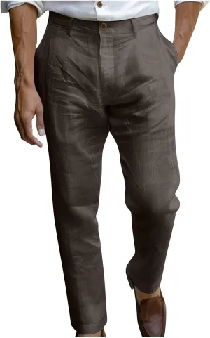 Sinzelimin Men's Linen Suit Pants Fashion Solid Color Button Zipper Closure Dressy Casual Wide Leg Sweatpant Work Trousers