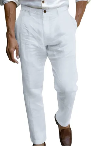 Sinzelimin Men's Linen Suit Pants Fashion Solid Color Button Zipper Closure Dressy Casual Wide Leg Sweatpant Work Trousers
