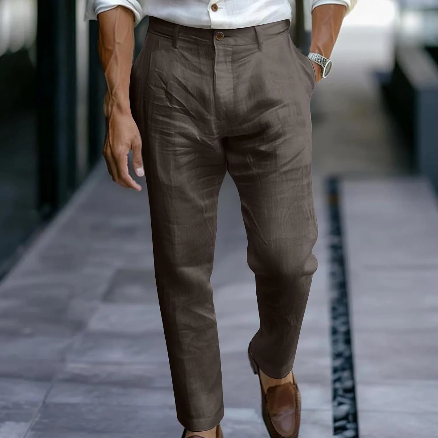 Sinzelimin Men's Linen Suit Pants Fashion Solid Color Button Zipper Closure Dressy Casual Wide Leg Sweatpant Work Trousers