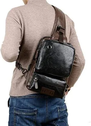 Small Black Sling Crossbody Backpack Shoulder Bag for Men Women Vintage PU Leather Sling Backpack Cycling