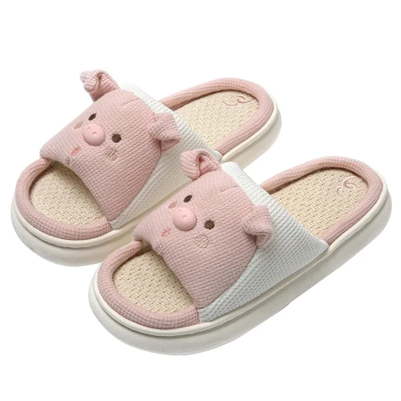 Sohiwoo Cute Cartoon Pig Hemp Slippers Women 2024 Winter Comfort Soft Sole Funny Cotton Slippers Woman Non Slip Flat Heels House Shoes