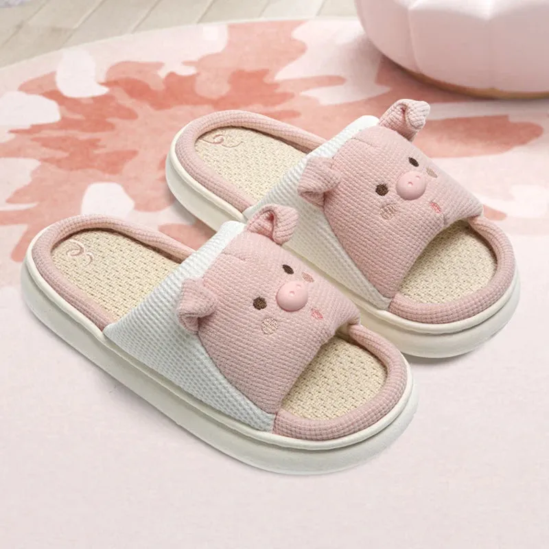 Sohiwoo Cute Cartoon Pig Hemp Slippers Women 2024 Winter Comfort Soft Sole Funny Cotton Slippers Woman Non Slip Flat Heels House Shoes