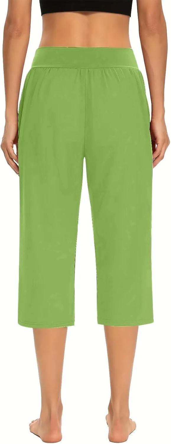 Solid Capris Pants for Women High Waist Straight Leg Pant Loose Causal Summer Relax Trousers with Pockets