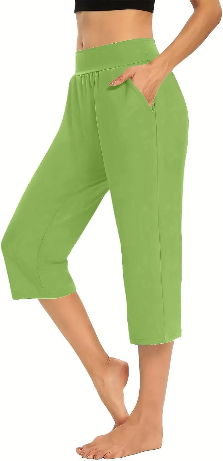 Solid Capris Pants for Women High Waist Straight Leg Pant Loose Causal Summer Relax Trousers with Pockets