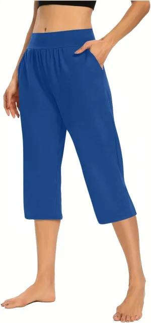 Solid Capris Pants for Women High Waist Straight Leg Pant Loose Causal Summer Relax Trousers with Pockets
