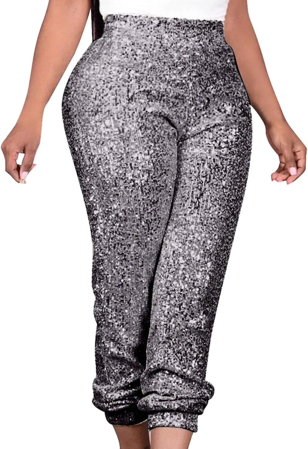 Sparkly Sequins Pants for Women Trendy Plus Size High Waisted 70s Disco Outfits Formal Cocktail Night Out Clothing