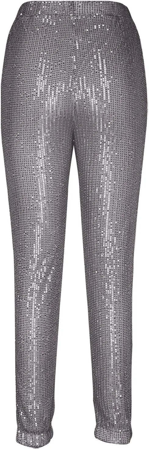 Sparkly Sequins Pants for Women Trendy Plus Size High Waisted 70s Disco Outfits Formal Cocktail Night Out Clothing