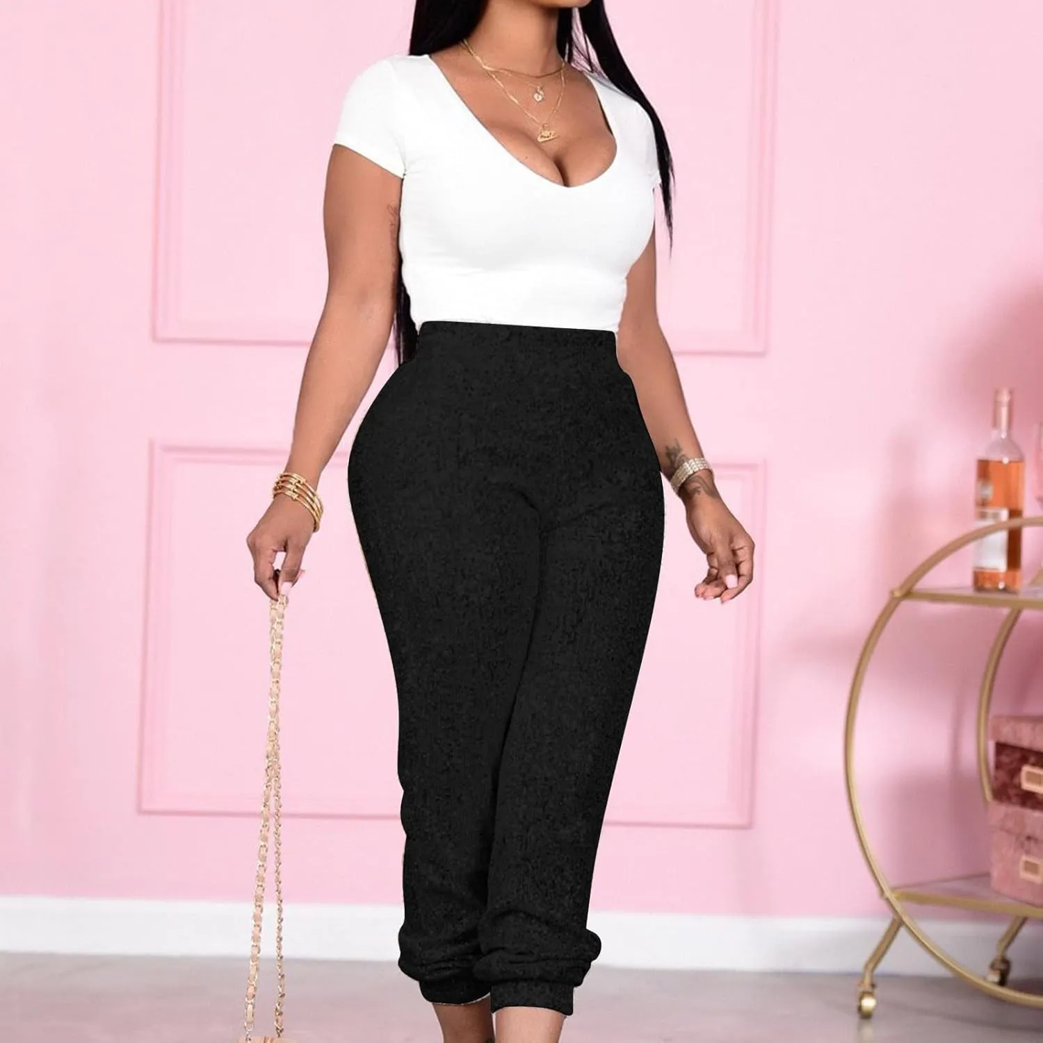 Sparkly Sequins Pants for Women Trendy Plus Size High Waisted 70s Disco Outfits Formal Cocktail Night Out Clothing