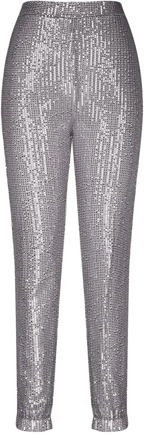 Sparkly Sequins Pants for Women Trendy Plus Size High Waisted 70s Disco Outfits Formal Cocktail Night Out Clothing