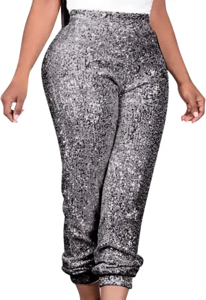 Sparkly Sequins Pants for Women Trendy Plus Size High Waisted 70s Disco Outfits Formal Cocktail Night Out Clothing