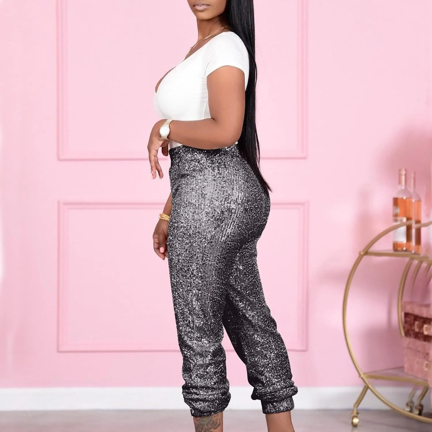 Sparkly Sequins Pants for Women Trendy Plus Size High Waisted 70s Disco Outfits Formal Cocktail Night Out Clothing