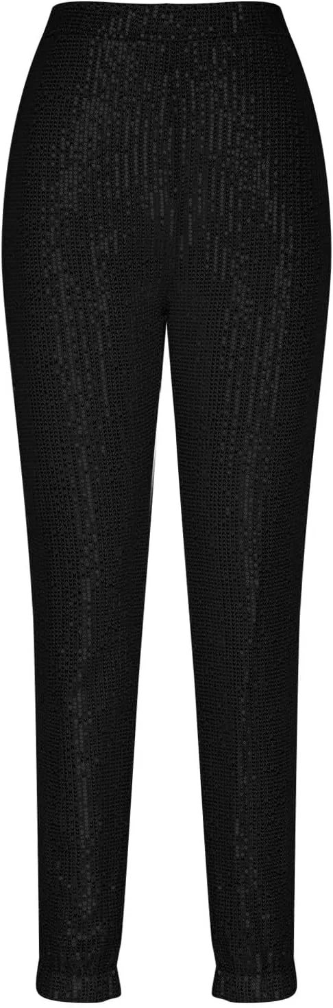 Sparkly Sequins Pants for Women Trendy Plus Size High Waisted 70s Disco Outfits Formal Cocktail Night Out Clothing