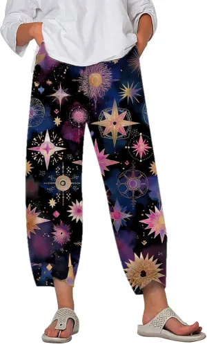 Star Graphic Printed Pants for Womens Cotton Linen Summer Cute Capri Pants Wide Leg Comfy Baggy Palazzo Trousers