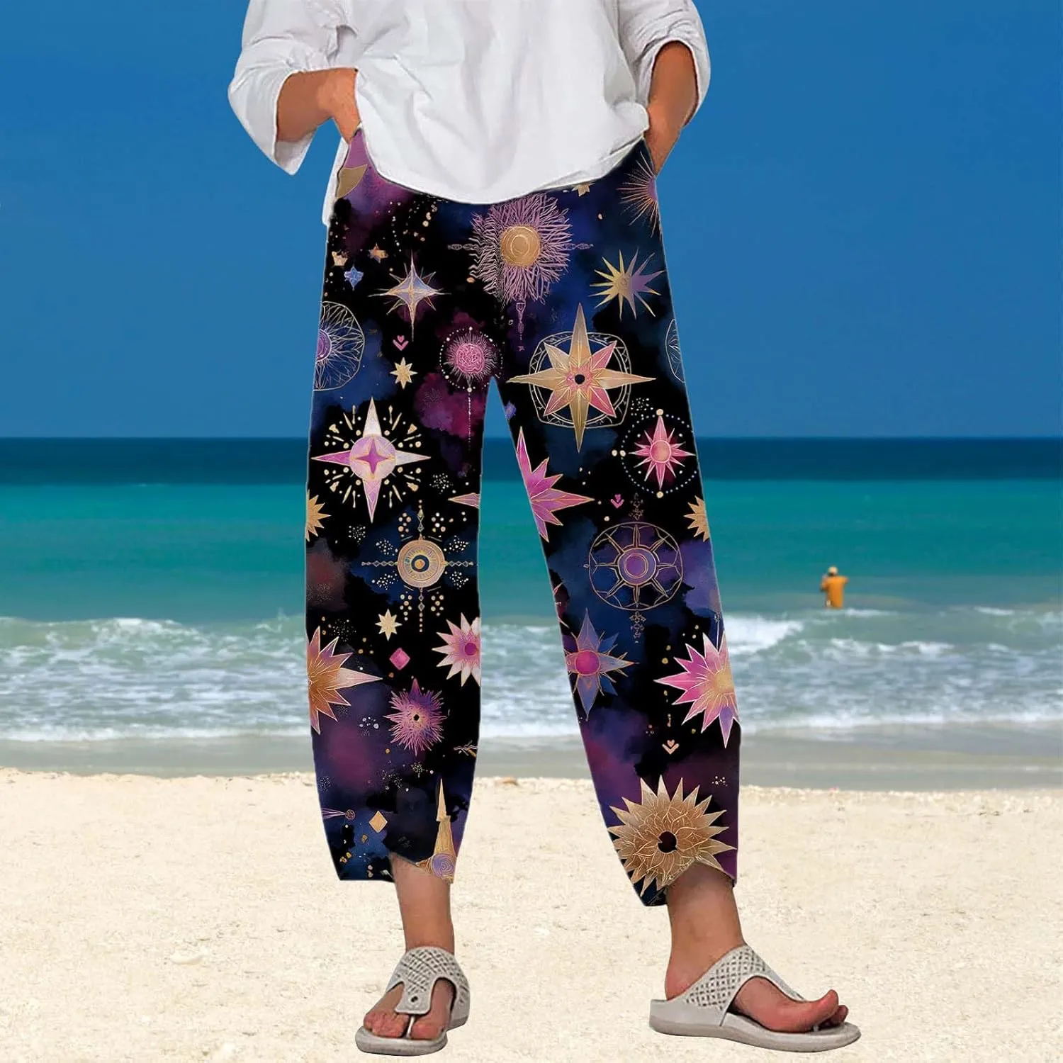 Star Graphic Printed Pants for Womens Cotton Linen Summer Cute Capri Pants Wide Leg Comfy Baggy Palazzo Trousers