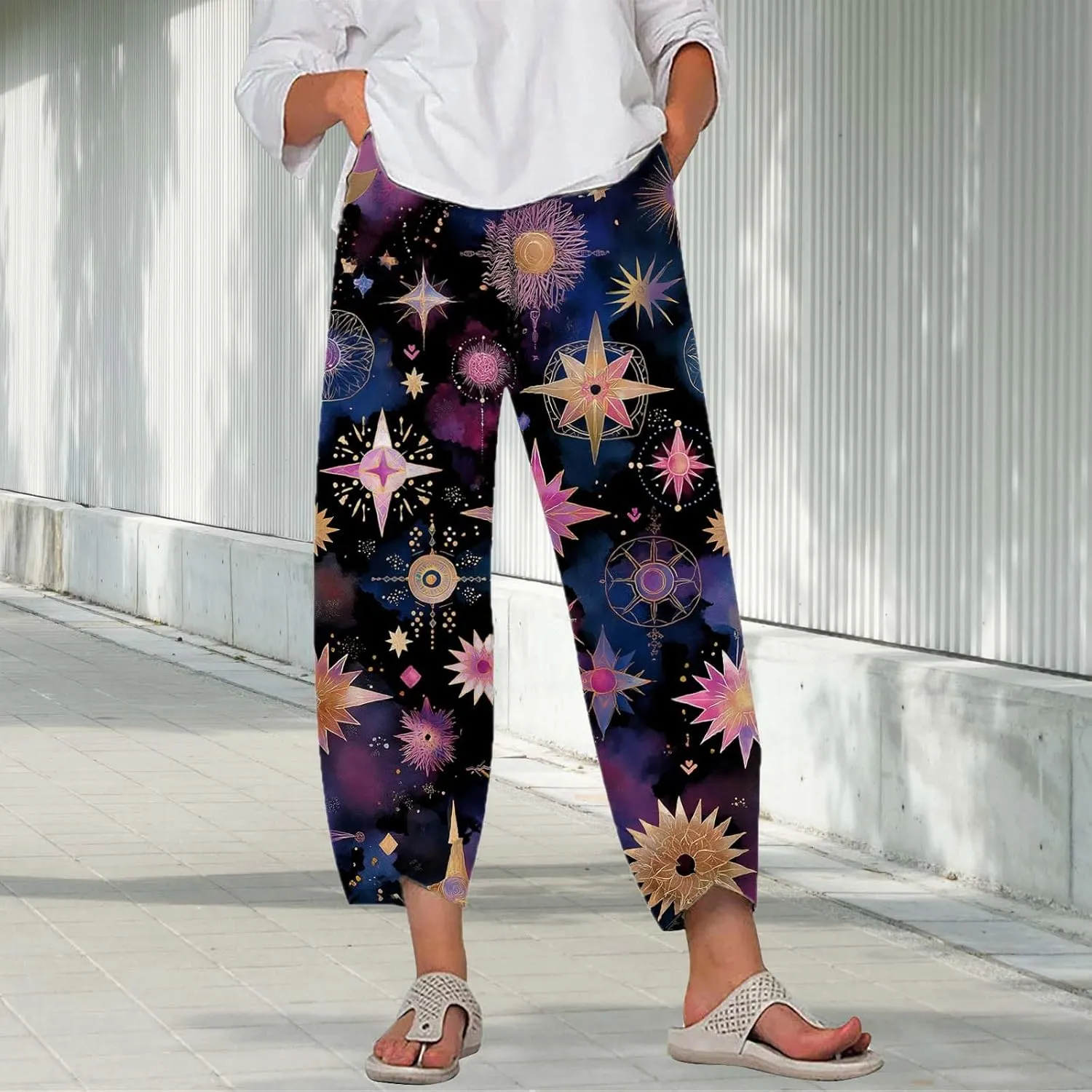 Star Graphic Printed Pants for Womens Cotton Linen Summer Cute Capri Pants Wide Leg Comfy Baggy Palazzo Trousers