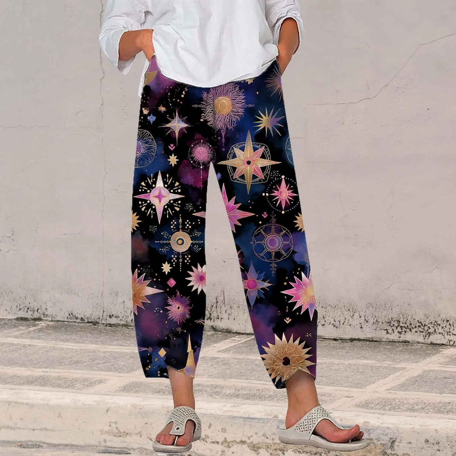 Star Graphic Printed Pants for Womens Cotton Linen Summer Cute Capri Pants Wide Leg Comfy Baggy Palazzo Trousers