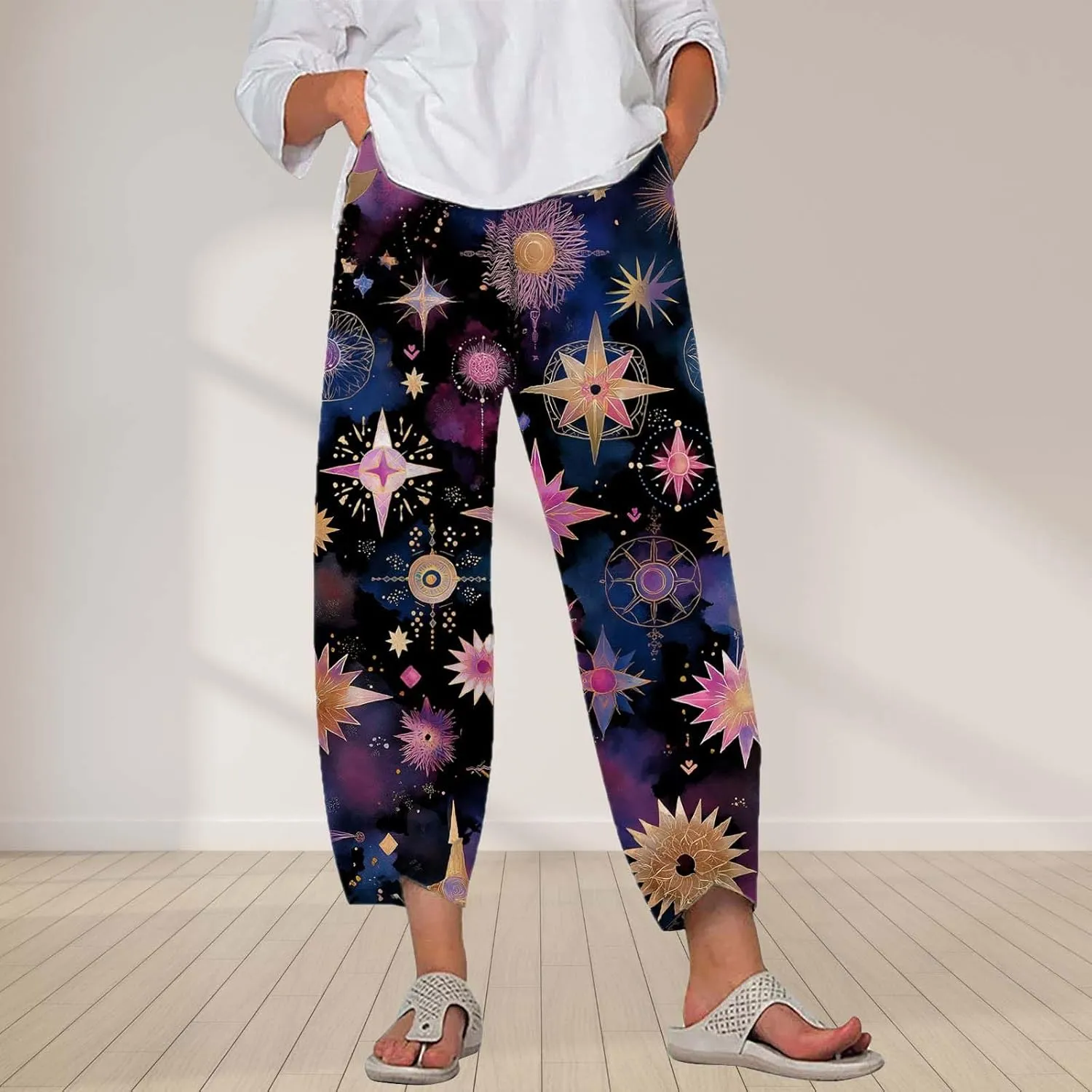Star Graphic Printed Pants for Womens Cotton Linen Summer Cute Capri Pants Wide Leg Comfy Baggy Palazzo Trousers