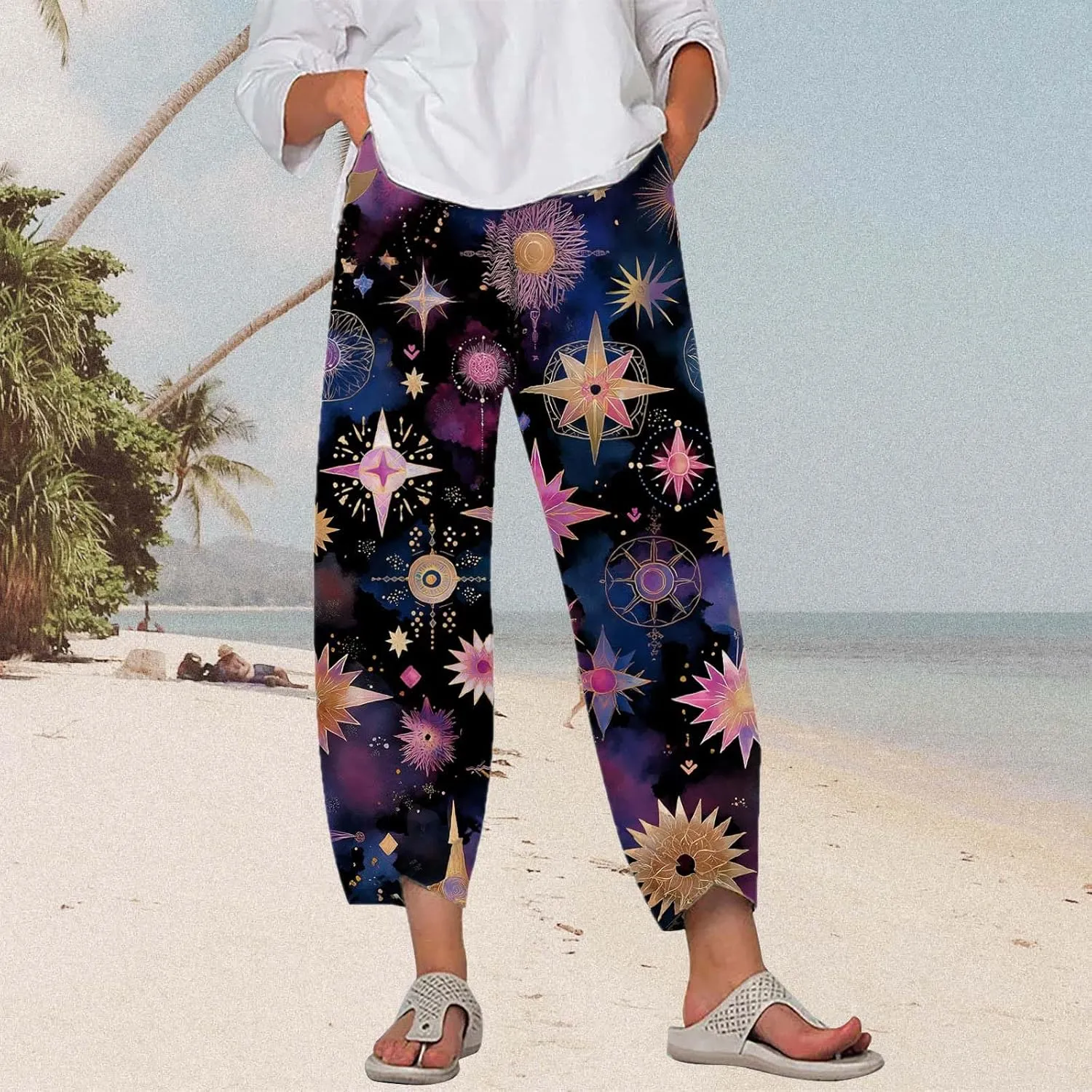 Star Graphic Printed Pants for Womens Cotton Linen Summer Cute Capri Pants Wide Leg Comfy Baggy Palazzo Trousers